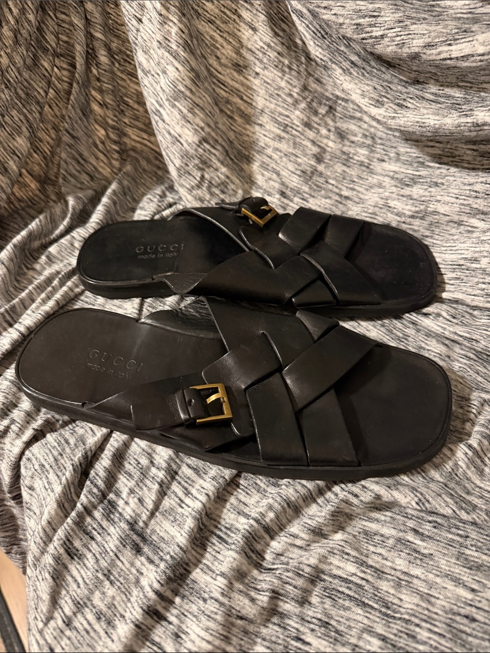 Gucci Black Leather Woven Slide Sandals with Gold Buckles - Picture 3 of 9